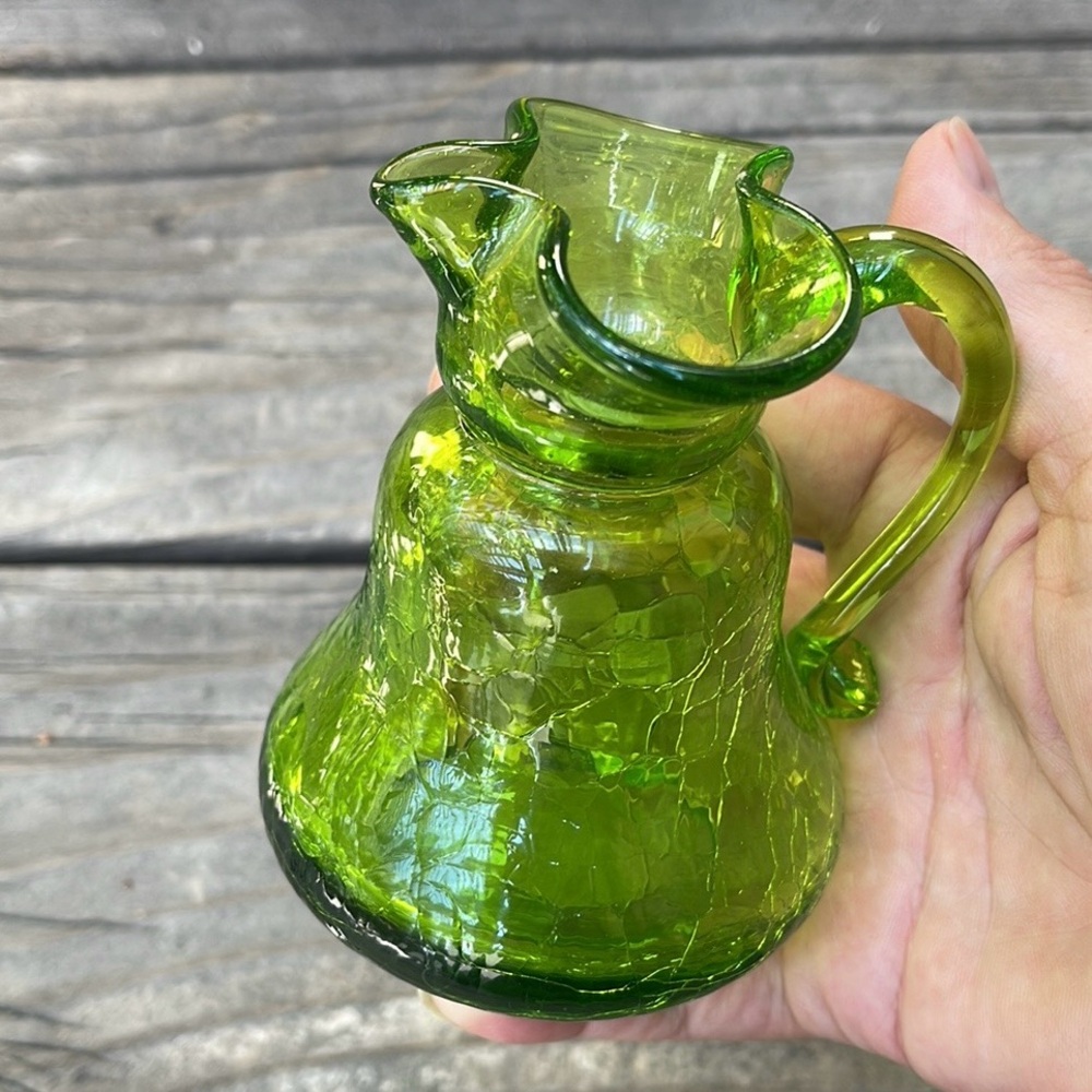 Vintage Green Crackle Glass Pitcher Art Glass - Picture 7 of 8